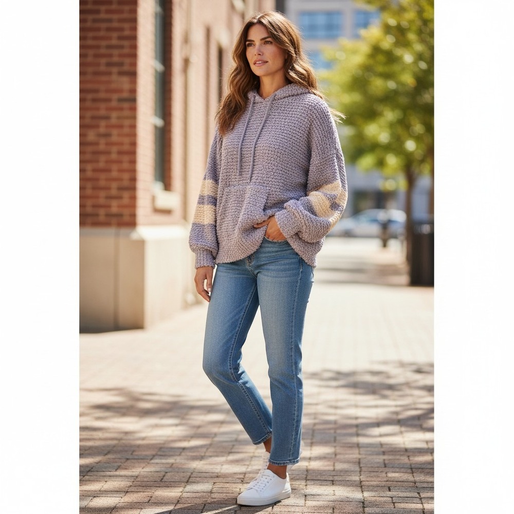 Listicle Womens Large Popcorn Knit Hooded Sweater Mauve Purple Stripe Sleeve Top
